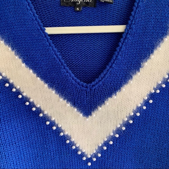 Angenie Vintage 1980's Sweater Blue Acrylic White Angora Pearl Trim Size Small - Picture 6 of 10